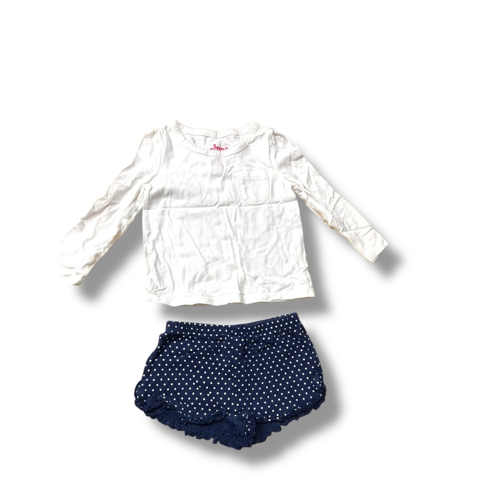 White Long Sleeve Top and Navy Polka Dot Shorts Set